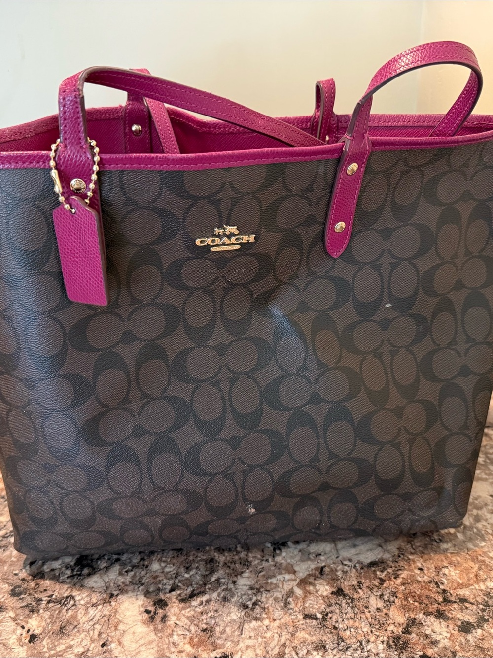 Coach Brown Signature Tote with Fuchsia Trim - Picture 3 of 4